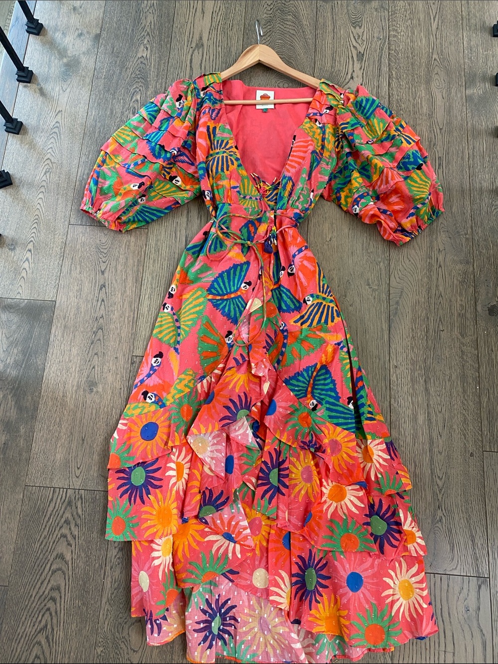 FARM Rio Coral Multicolor Floral Tiered Wrap Dress